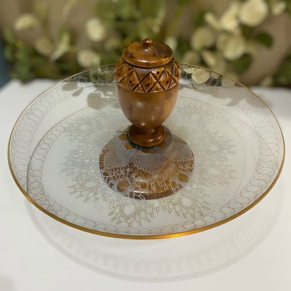 Vintage Mid Century Appetizer Pedistal Serving Tray Glass Wood Toothpick Holder
